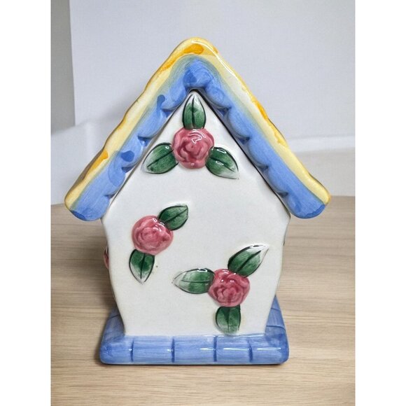 Hand-Painted Ceramic Decorative Birdhouse Candle With Floral & Bluebird Design - Picture 2 of 13